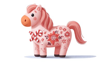Whimsical pastel pink pony with poinsettia, candy canes, and festive glitter accents