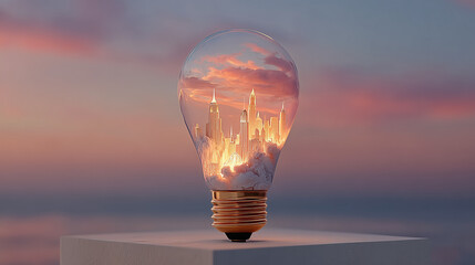 light bulb containing miniature cityscape, vibrant pink and gray colors, soft ambient lighting, surreal urban concept,