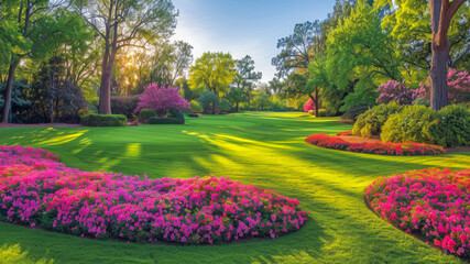 Fototapeta premium Vibrant Spring Garden in Full Bloom With Colorful Flowers and Lush Greenery at Sunset