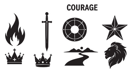 Fototapeta premium Collection of black silhouette icons representing courage, featuring a lion, sword, shield, crown, flame, star, and a winding path, all