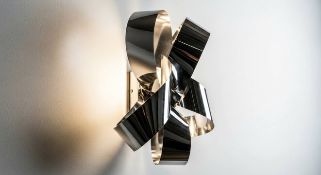 Sleek metal ribbon-like wall sconce emits warm glow on white wall - Powered by Adobe
