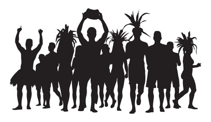  Silhouette of a diverse group of people celebrating with raised arms and headdresses