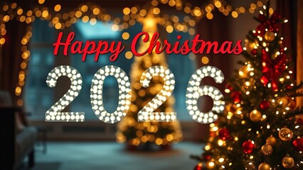 Festive holiday interior glowing with warm Christmas lights, featuring a beautifully decorated tree and the illuminated text &ldquo;Happy Christmas 2026,&rdquo; creating a joyful and celebratory seasonal atmosphe