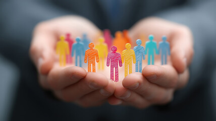 Businessman shielding diverse figures in hands symbolizing teamwork and human resources