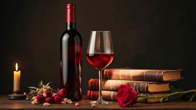 Vino, rosas y libros antiguos junto a una vela encendida