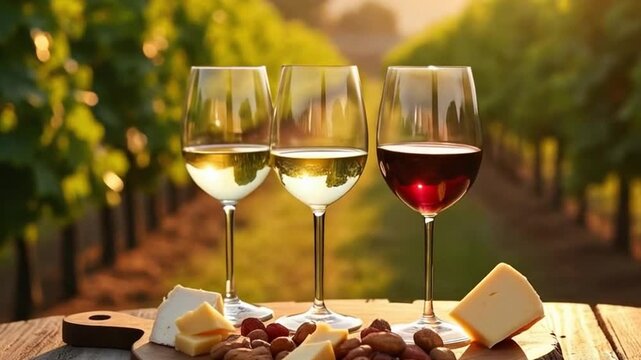 Tres copas de vino (dos blancos, uno tinto) con tabla de quesos y frutos secos en vi&ntilde;edo al atardecer