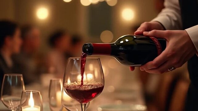 Mano sirviendo vino tinto en copa en cena elegante con iluminaci&oacute;n tenue