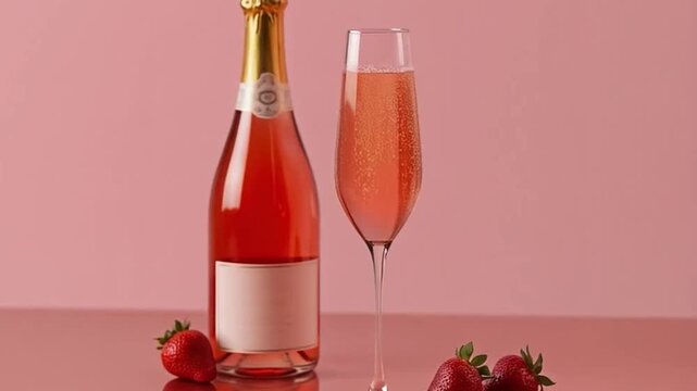 Botella de espumoso rosado con copa de champ&aacute;n y fresas sobre fondo rosa