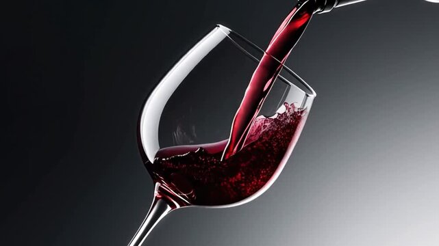 Vino tinto verti&eacute;ndose en copa de cristal sobre fondo oscuro