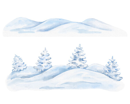 Watercolor snowy landscape with soft mountains, snowdrifts, and frosty evergreen trees. Gentle blue shades create a peaceful winter scene ideal for holiday cards and seasonal designs