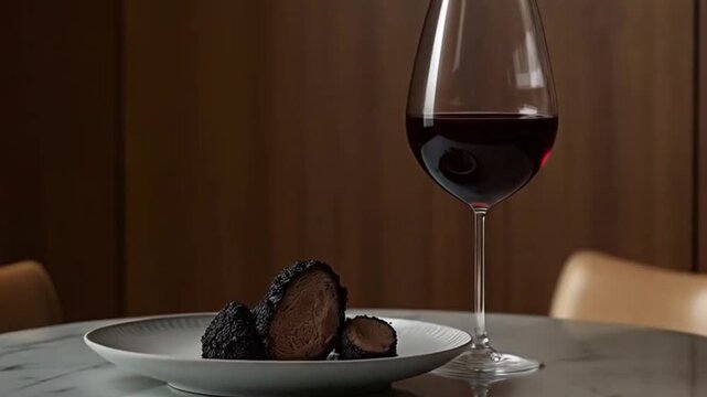 Copa de vino tinto sobre mesa de m&aacute;rmol junto a trufas partidas
