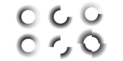 Six Abstract Circular Shapes with Radial Gradient Lines.