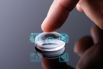 Conceptual Technology Finger Touching Transparent Display with User Interface Icons Smart Solutions for Business Applications Future