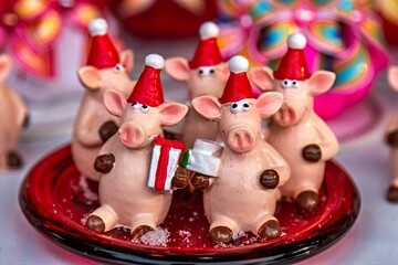 A group of pigs wearing santa hats on a red plate
