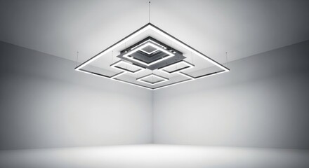 Square ceiling light, tiered geometric design, hanging in bright white room