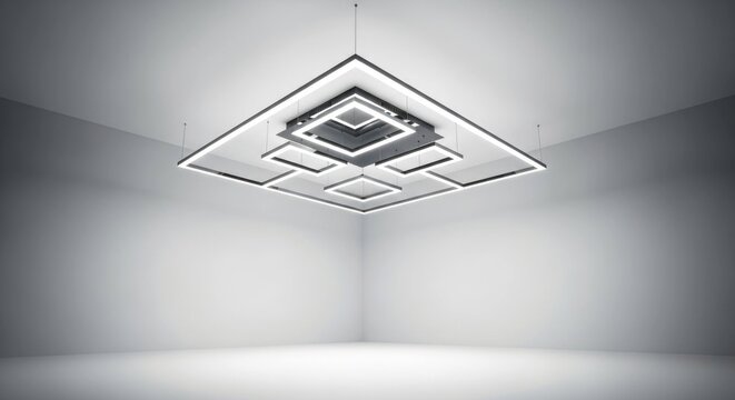 Square ceiling light, tiered geometric design, hanging in bright white room - Powered by Adobe