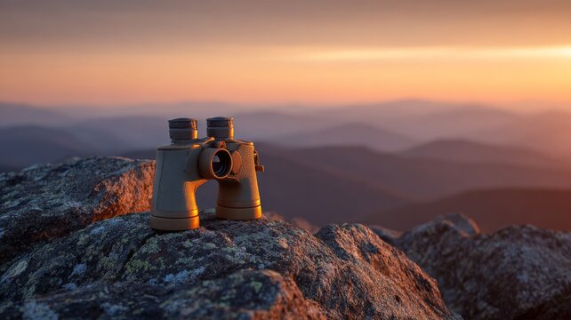 Binoculars resting on rugged mountain rock overlooking vast landscape at golden sunset with warm sky and distant peaks