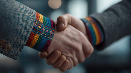 Two business professionals shaking hands wearing transgender and rainbow pride flag cuffs in office