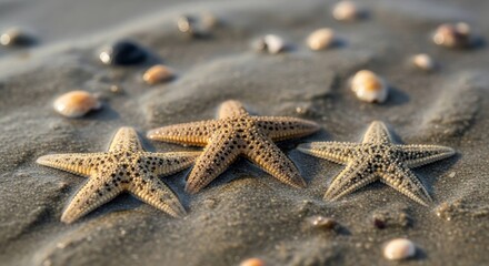 Starfish and shells on a sandy beach, sunlight softly diffused