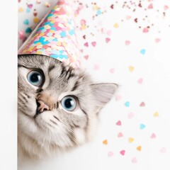 Cute Peeking Birthday Cat With Confetti