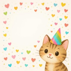 Cute Birthday Kitten Illustration With Hearts