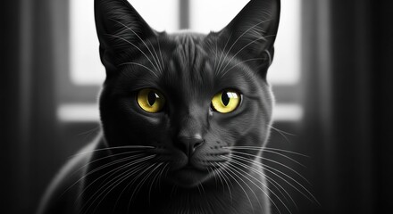 Striking black cat with intense yellow eyes against a bright window