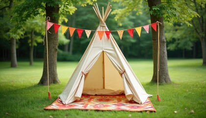 Beige teepee tent decorated with colorful flags sits on grassy lawn. Patterned rug is placed inside tent, offering cozy outdoor play space for children during summer. It is set amongst trees.