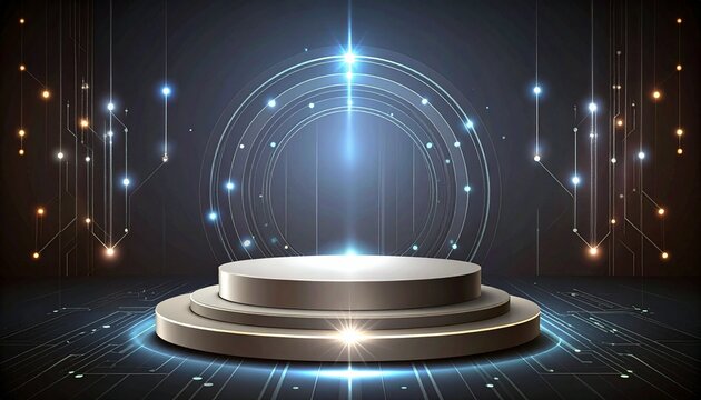 A futuristic stage with glowing lights and circular patterns, suggesting technology or innovation.