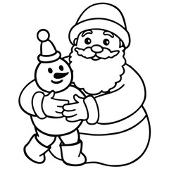 Santa claus hugging a snowman isolated on in black and white