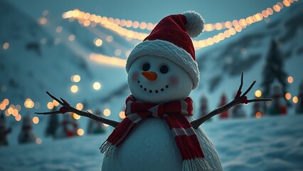 Cheerful snowman wearing a red scarf and Santa hat, standing in a snowy mountain landscape adorned with glowing festive lights, creating a magical and joyful winter holiday atmosphere.