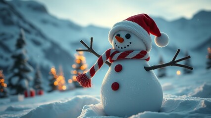 Cheerful snowman wearing a red scarf and Santa hat, standing in a snowy mountain landscape adorned with glowing festive lights, creating a magical and joyful winter holiday atmosphere.