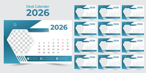 2026 calendar template with blue geometric design for business planning
