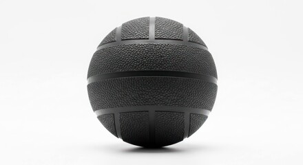 Textured, black medicine ball against white background, centered in the frame