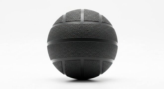 Textured, black medicine ball against white background, centered in the frame