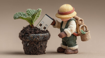 small fig holding cell phone, brown and gray color scheme, playful marketing concept, modern digital lifestyle, suitable for social media campaigns, website banners, app interface design