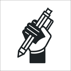 Vector illustration of a black hand symbol holding medical instruments, a microscope, and business tools as equipment icon