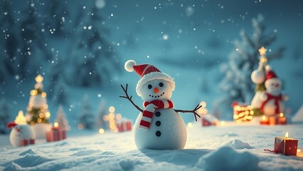 Cheerful snowman wearing a red scarf and Santa hat, standing in a snowy mountain landscape adorned with glowing festive lights, creating a magical and joyful winter holiday atmosphere.