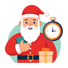 Santa claus holding a smartphone with a gift and a clock isolated on