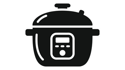 Black and white icon of a smart pressure cooker appliance featuring a digital display for automated cooking, isolated on