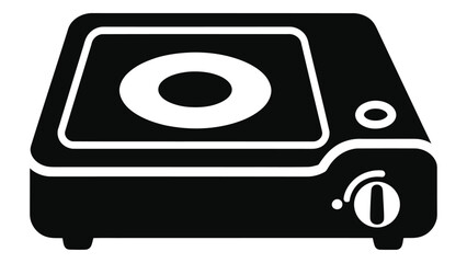 Black and white icon representing a smart portable stove with a single burner and control knob, perfect for modern cooki