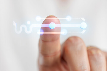 Index Finger Touching Digital Circle Point Connecting a Line on White Background Macro 150 Characters