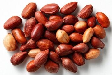 Obraz premium Roasted nuts, scattered on white surface. Various shades of reddish-brown