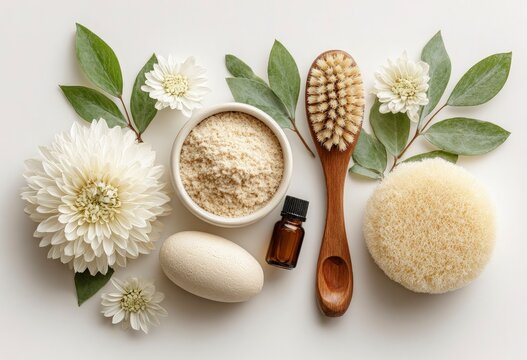 Natural Spa Essentials with Flowers, Brush, and Organic Ingredients