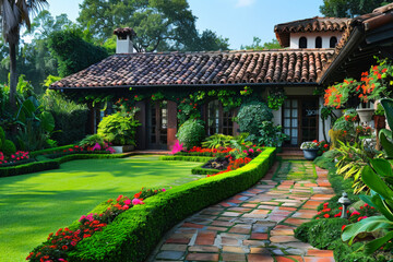 Obraz premium Beautiful Garden Path Leading to a Charming House With Vibrant Flowers and Greenery in a Sunny Setting