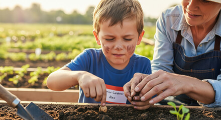 senior man and boy planting a tomato