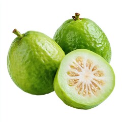 Fresh green guava fruit, whole and halved, displayed against a white background