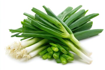 Fresh green onions, close-up, on white background
