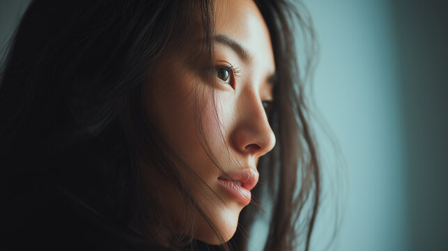 Business & Creative Work (Hybrid) – adult Japanese woman (long hair), mood board curation, 16:9, right copy space