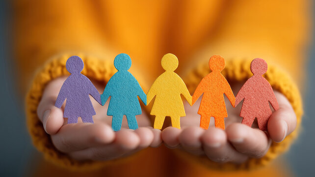 Hands holding paper people shapes reflecting unity encouragement and collective support