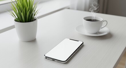 A desk with a phone coffee and a potted plant